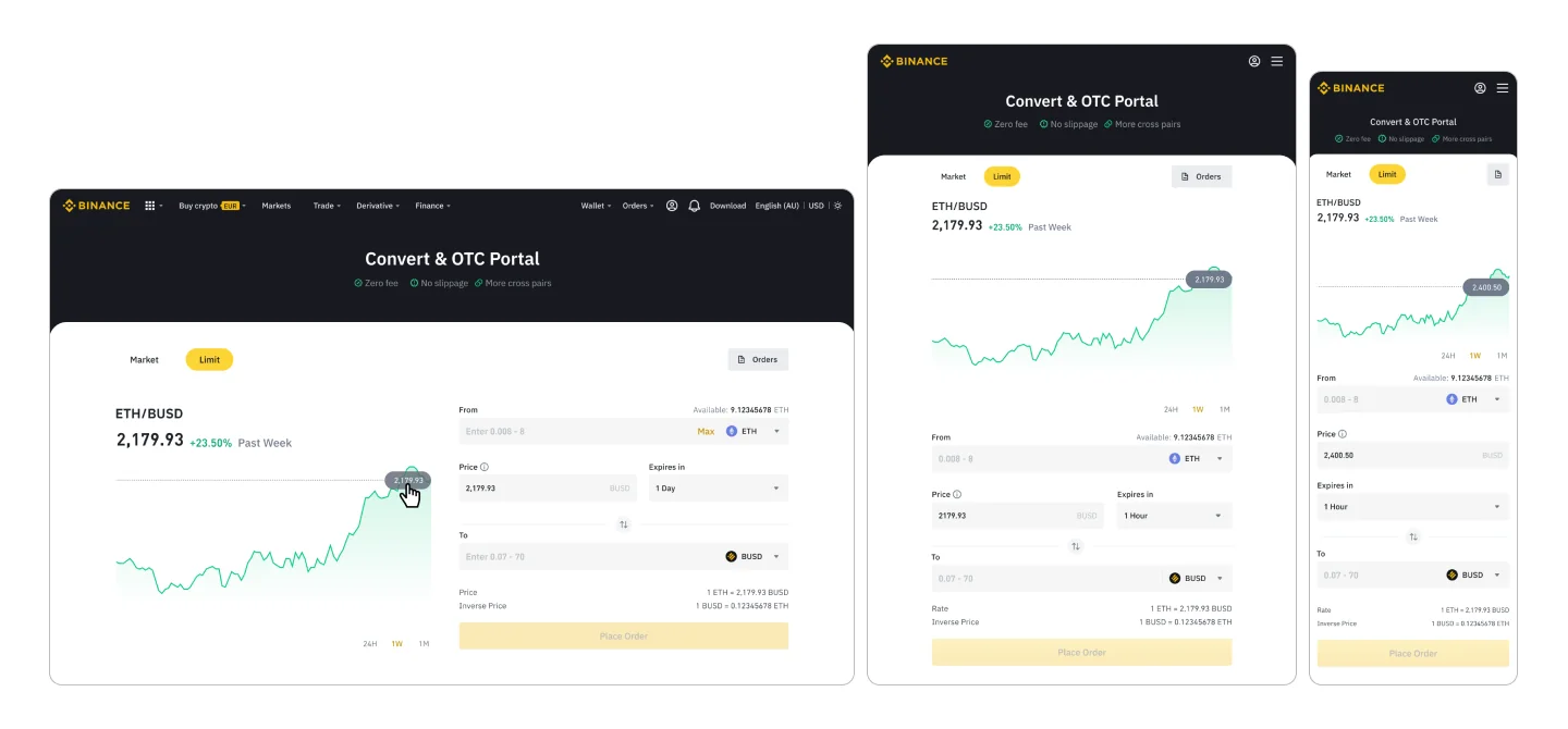Binance Convert token selection flow