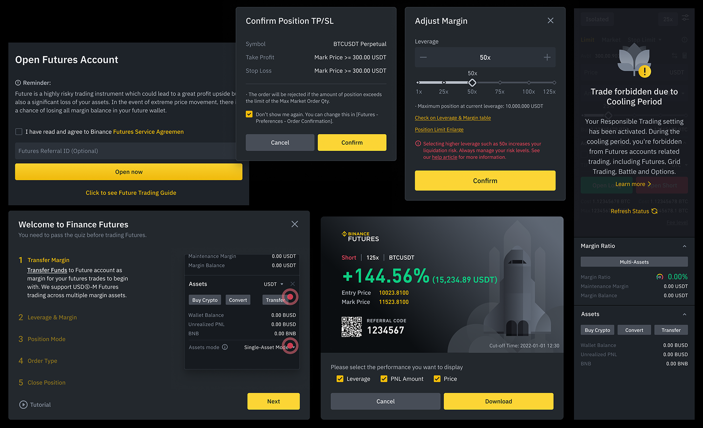 Binance Futures feature iterations — onboarding, new-user guides, P&L card sharing, cooling-off period