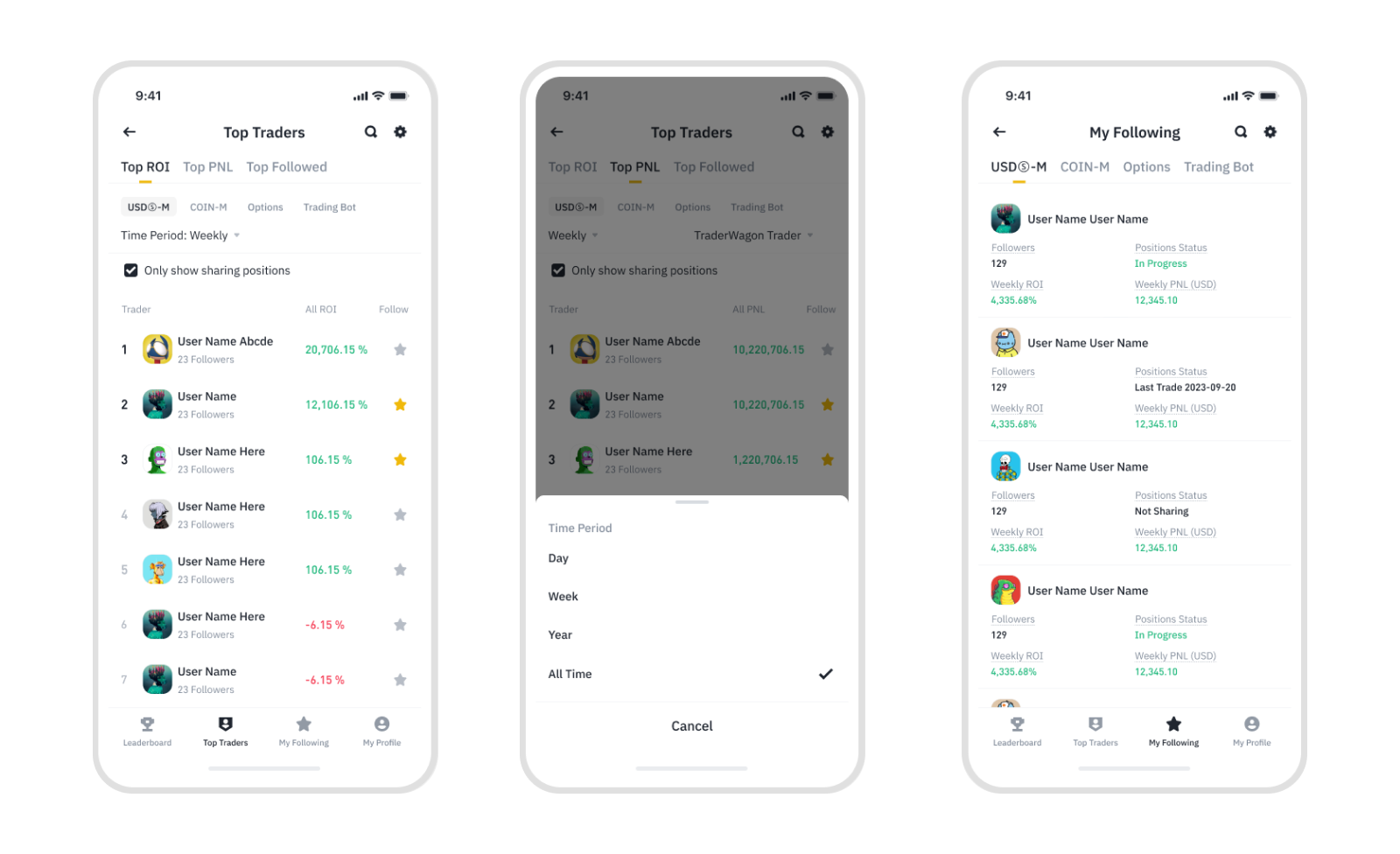 Top traders ranking, action sheet and my following page