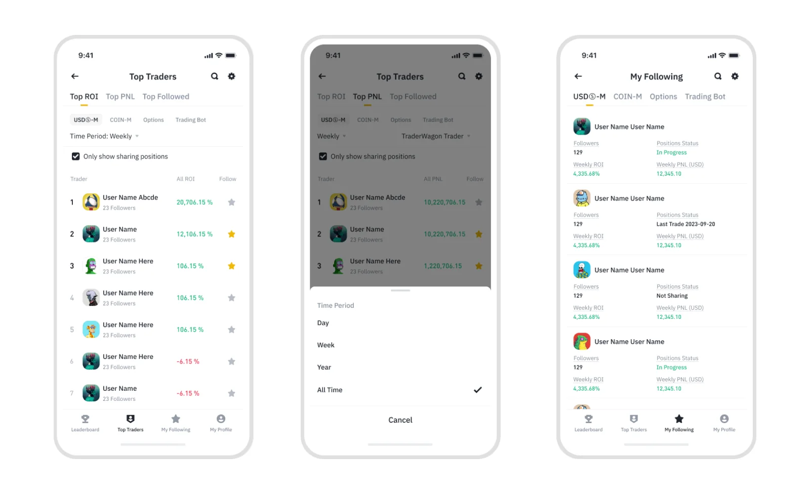 Top traders ranking, action sheet and my following page