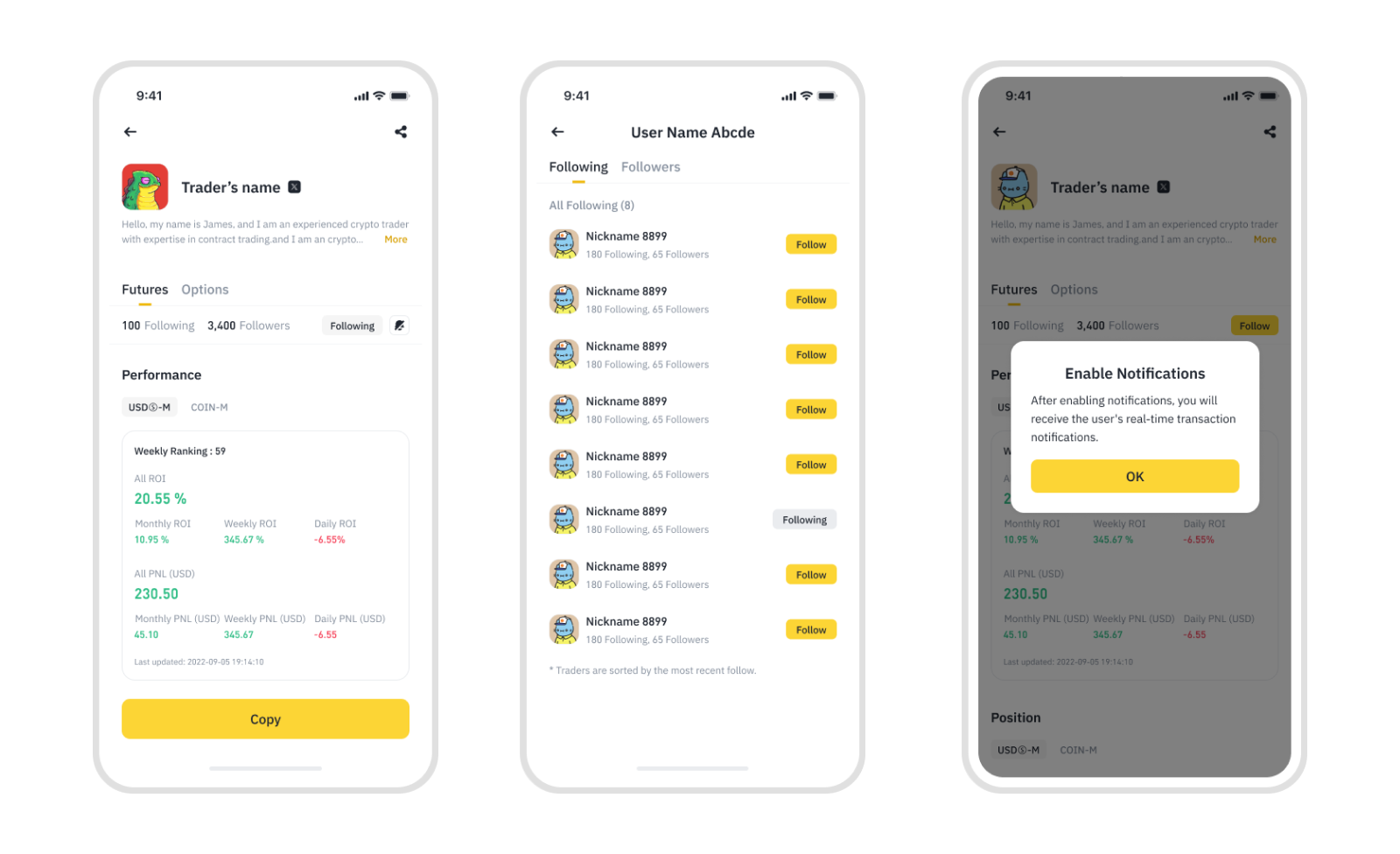 Trader details page, follow list and enable notifications