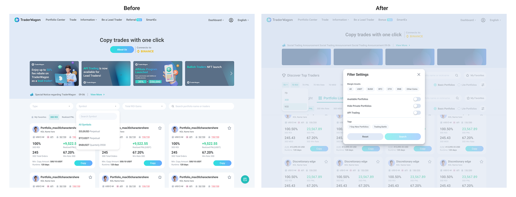 TraderWagon homepage and filter redesign